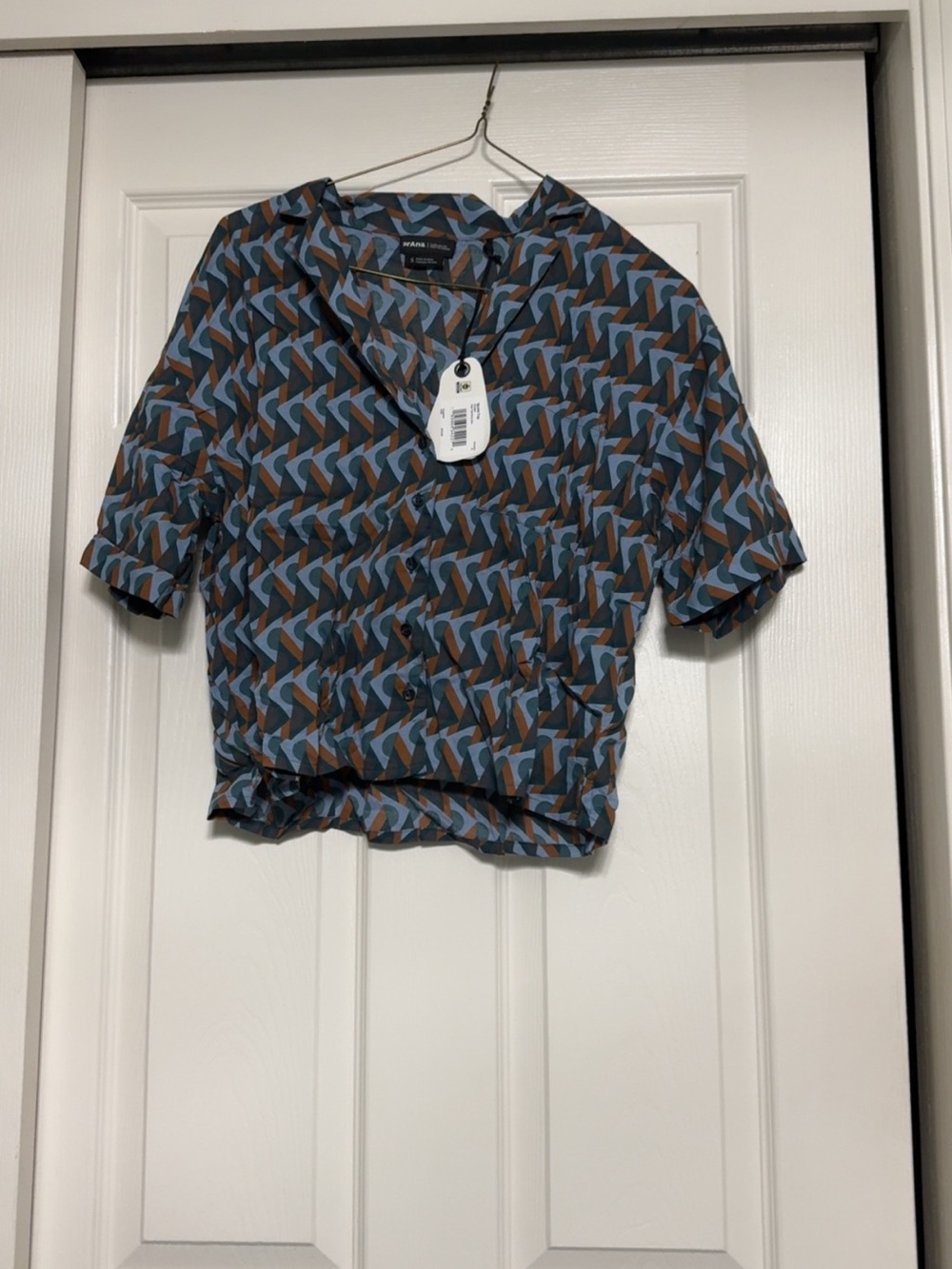 prAna Women’s Short Sleeve Button Front Blouse Small Geometric Print NWT